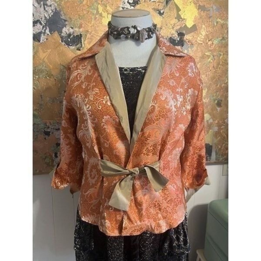 Vintage Gigi Clark Modern Couture 5/L Jacket Orange Gold Tie Front Jacquard